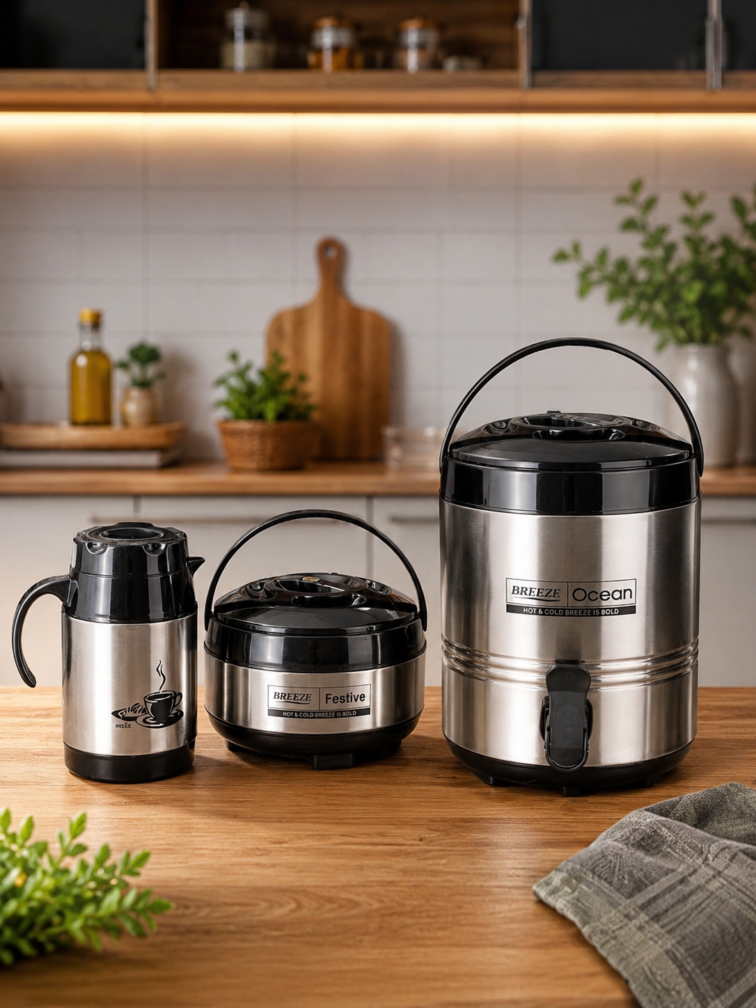 Breeze Real Deluxe Stainless Steel Combo Pack of 3 | Vacuum Insulated Hot & Cold Set (750ml Kettle, 2500ml HotCase, 8L Steller Water Dispenser)