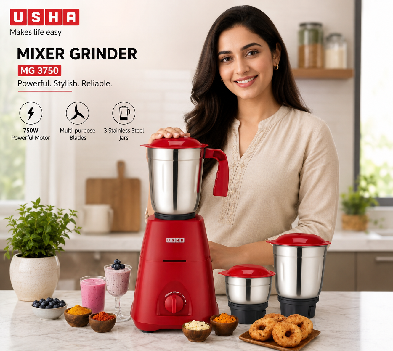 Usha MG3750 500W Mixer Grinder (Red) with 3 Stainless Steel Jars & 100% Pure Copper Motor