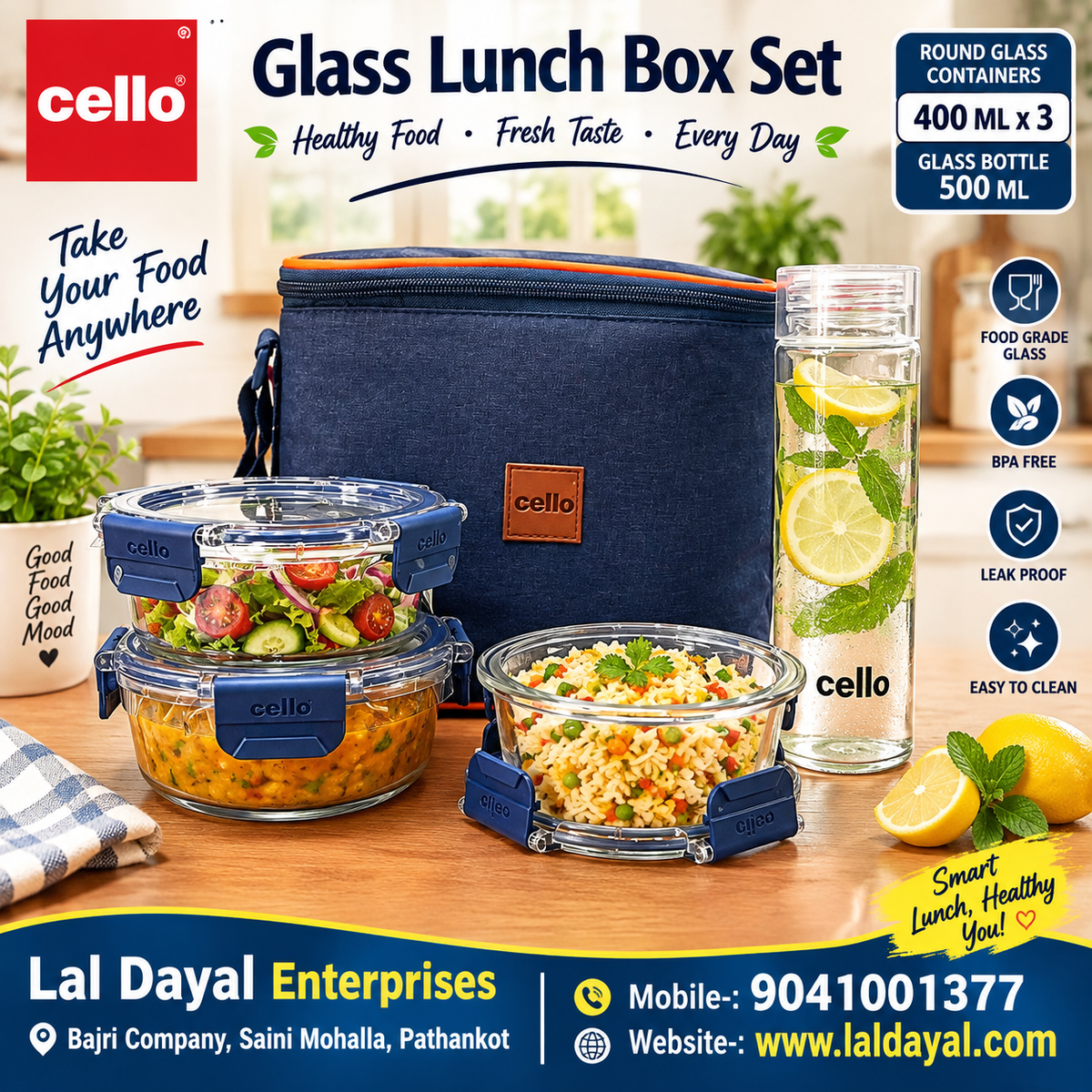 Cello Fit&Fresh Neo Glass Lunch Box Set with Insulated Bag - Front View