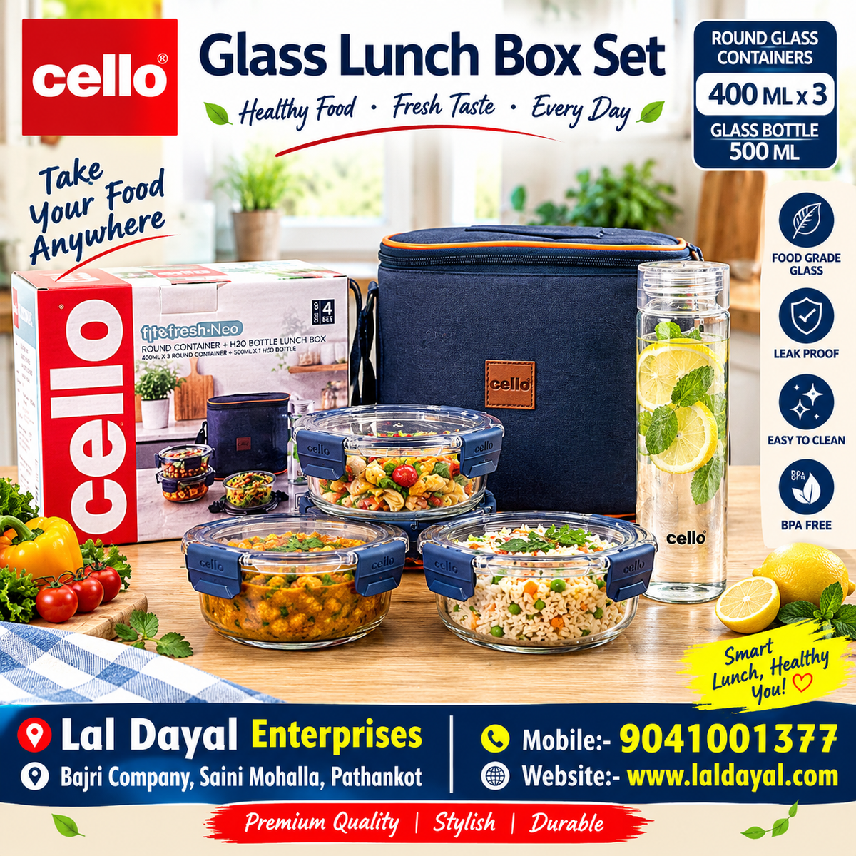 Cello Fit&Fresh Neo Glass Lunch Box Set - 3 Containers + H2O Bottle