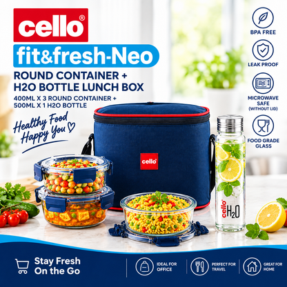 Cello Fit&Fresh Neo Glass Lunch Box Set – 3 Round Containers (400ml each) + H2O Bottle (500ml) with Insulated Bag