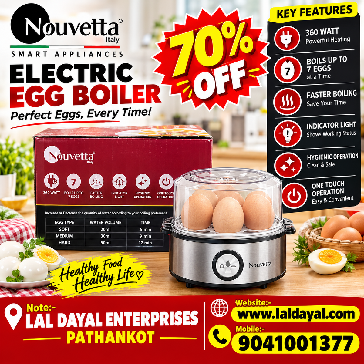 Nouvetta Italy 360W Electric Egg Boiler - Instant 7 Egg Cooker with Stainless Steel Heating Plate & Auto Shut-Off