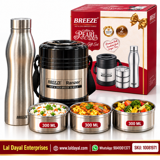 BREEZE Ranzer 3 Puff Insulated Lunch Box (3 × 300 ml) + 1 L Stainless Steel Bottle