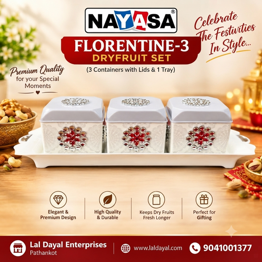 Nayasa Florentine Dry Fruit & Snack Serving Set (3 Containers + 1 Tray)