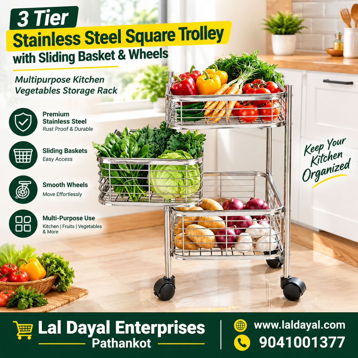 3 Tier Stainless Steel Square Trolley with Sliding Baskets & Wheels | Multipurpose Kitchen Vegetable Storage Rack | Space-Saving Utility Organizer