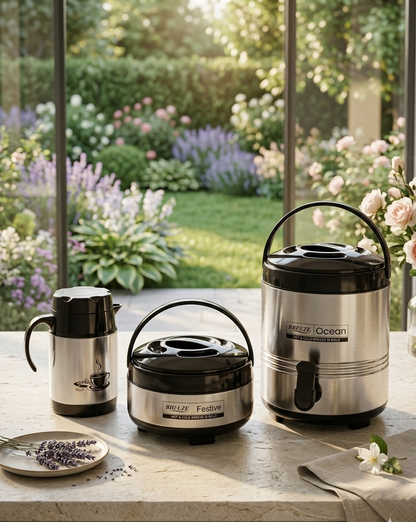 Breeze Real Deluxe Stainless Steel Combo Pack of 3 | Vacuum Insulated Hot & Cold Set (750ml Kettle, 2500ml HotCase, 8L Steller Water Dispenser)