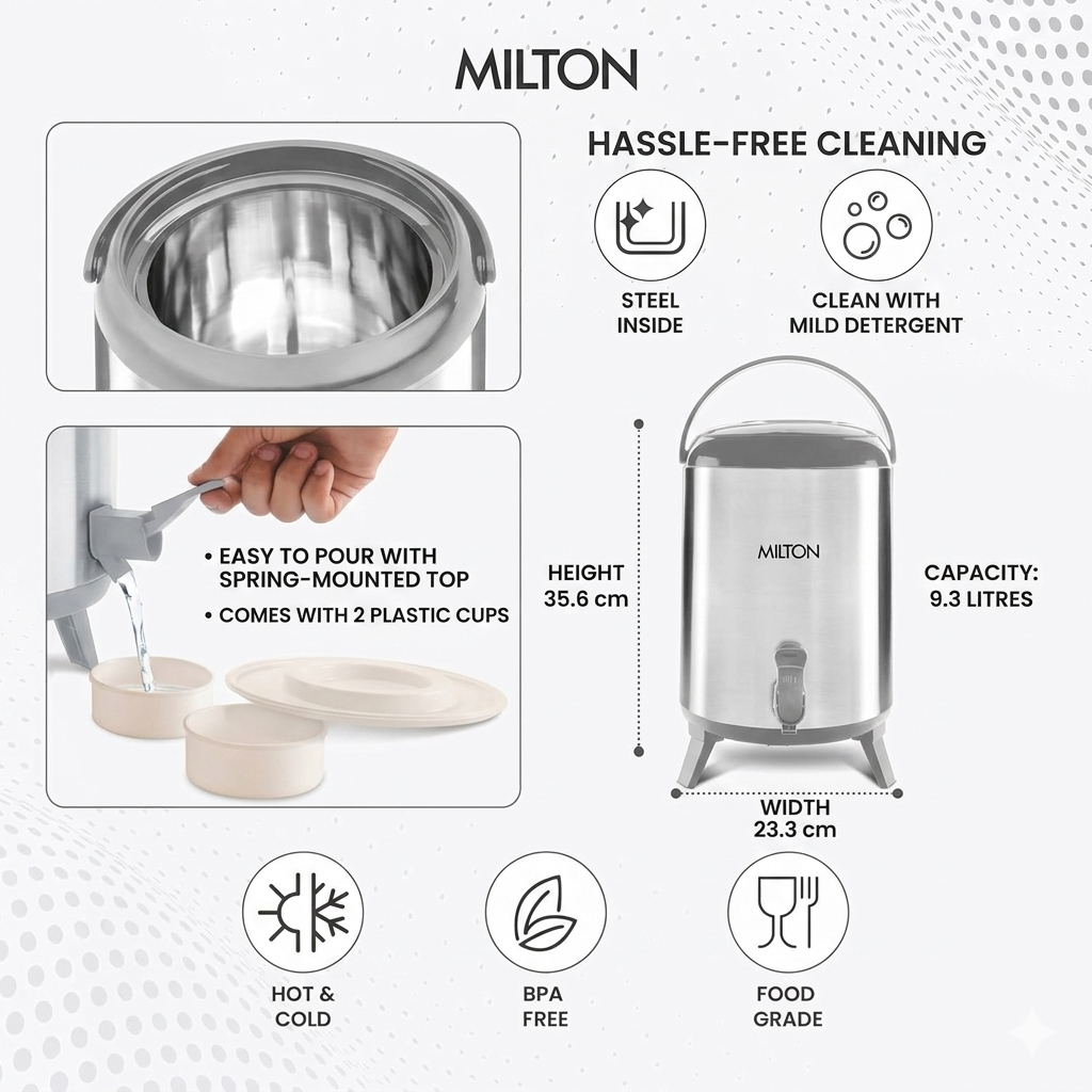 Milton 9.3L Stainless Steel Hot & Cold Water Jug – Leak-Proof Travel Camper