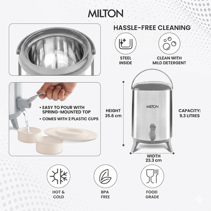 Milton 9.3L Stainless Steel Hot & Cold Water Jug – Leak-Proof Travel Camper