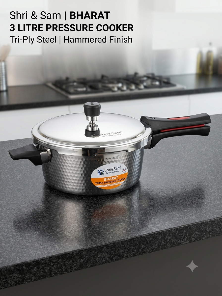 Shri & Sam Tri-Ply Stainless Steel 3L Outer Lid Hammered Pressure Cooker