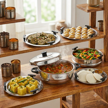 Shri & Sam Premium Stainless Steel Tri-Ply Multikadhai | 7-in-1 Multi-Purpose Cooker & Steamer Set with 5 Plates (Idli, Dhokla, Momo, Appam & Patra) | Gas & Induction Friendly (26 cm)