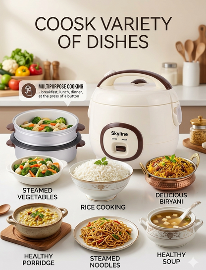 Skyline VTL-901 Electric Rice Cooker (1.2 Litre, 400 Watts) | Detachable Aluminium Bowl & Automatic Warm Function