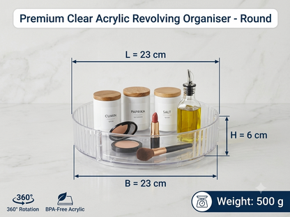 Clear Acrylic Round Revolving Organizer Tray – 360° Rotating Lazy Susan Turntable for Vanity, Kitchen & Dining Table (23 cm)