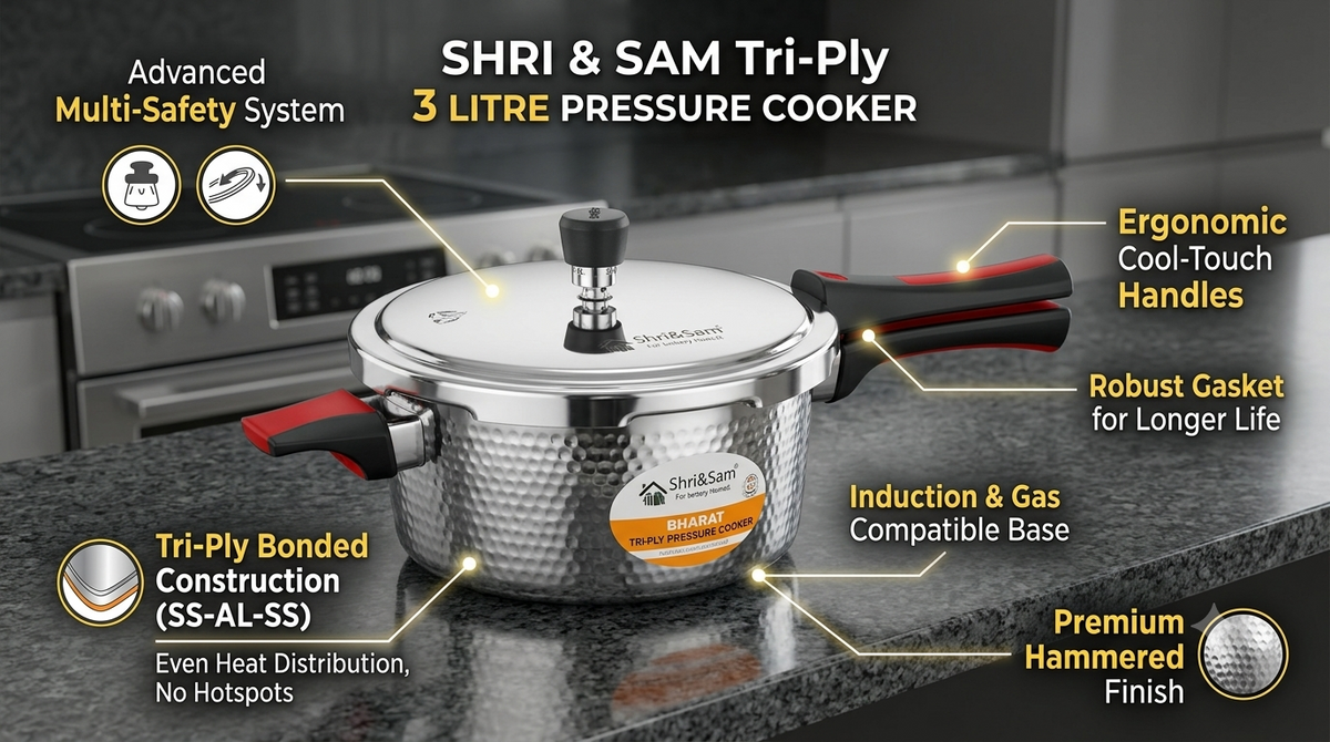 Shri & Sam Tri-Ply Stainless Steel 3L Outer Lid Hammered Pressure Cooker