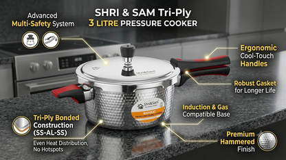 Shri & Sam Tri-Ply Stainless Steel 3L Outer Lid Hammered Pressure Cooker
