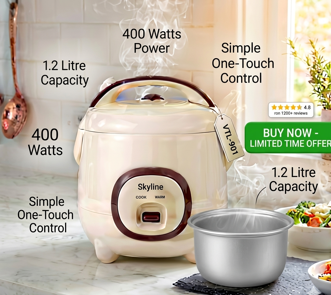 Skyline VTL-901 Electric Rice Cooker (1.2 Litre, 400 Watts) | Detachable Aluminium Bowl & Automatic Warm Function