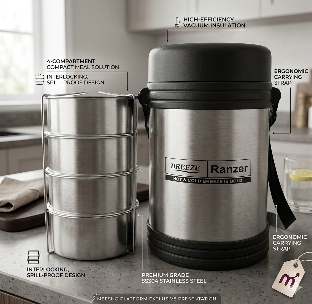 Breeze Ranzer 4-Tier Hot & Cold Tiffin Box with SS304 Grade Food Containers (350 ML x 4)