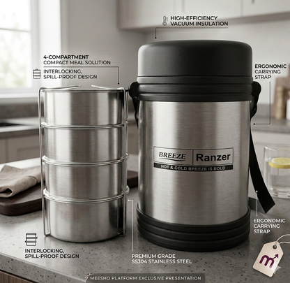 Breeze Ranzer 4-Tier Hot & Cold Tiffin Box with SS304 Grade Food Containers (350 ML x 4)
