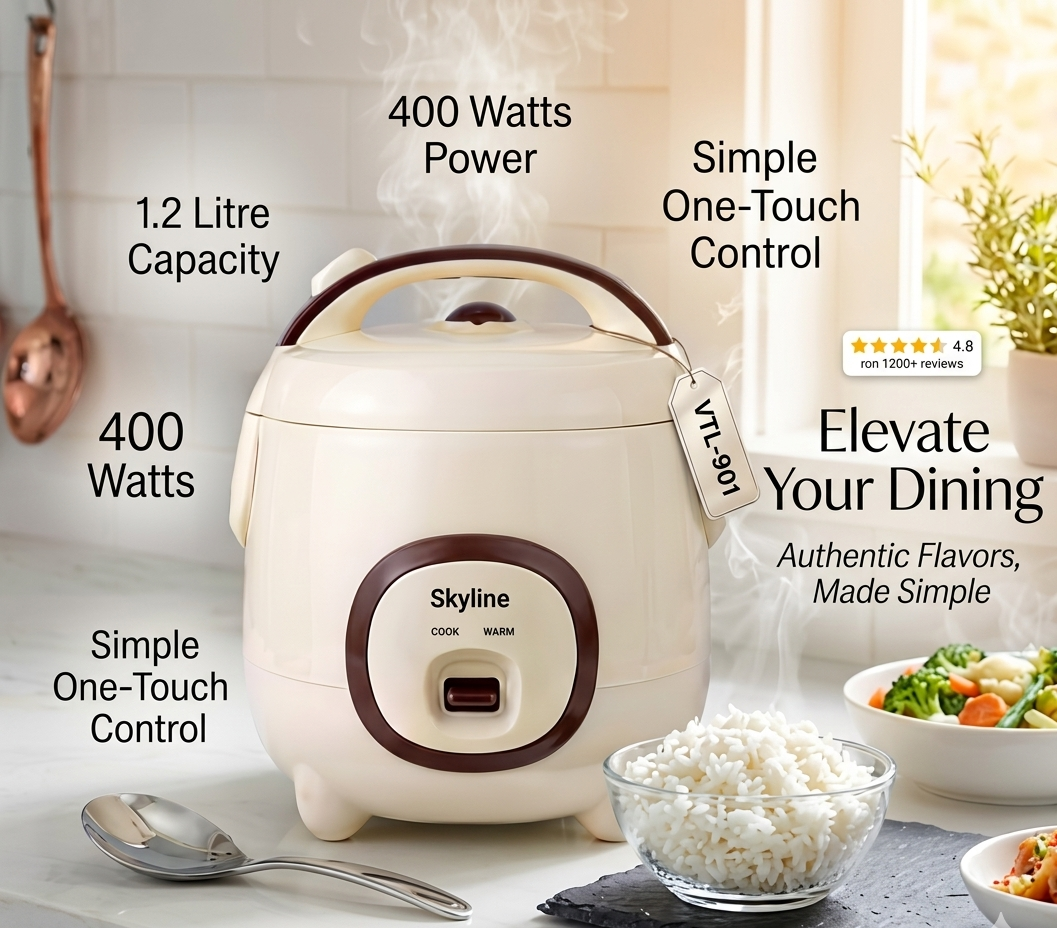 Skyline VTL-901 Electric Rice Cooker (1.2 Litre, 400 Watts) | Detachable Aluminium Bowl & Automatic Warm Function