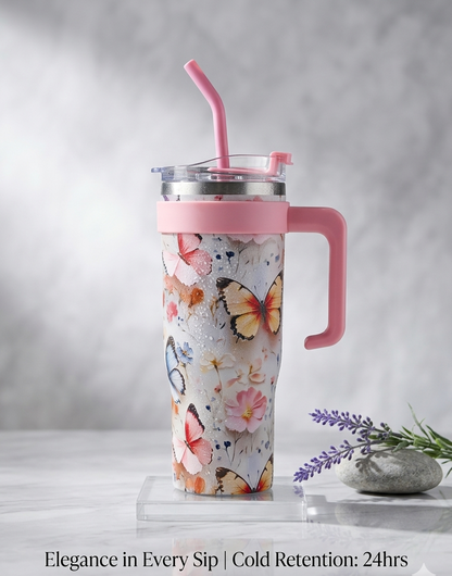 1200ml Floral Butterfly Stainless Steel Sipper Tumbler with Handle | Premium Insulated Travel Mug with Straw & Silicone Cap