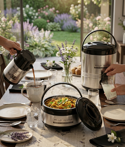 Breeze Real Deluxe Stainless Steel Combo Pack of 3 | Vacuum Insulated Hot & Cold Set (750ml Kettle, 2500ml HotCase, 8L Steller Water Dispenser)