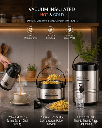 Breeze Real Deluxe Stainless Steel Combo Pack of 3 | Vacuum Insulated Hot & Cold Set (750ml Kettle, 2500ml HotCase, 8L Steller Water Dispenser)
