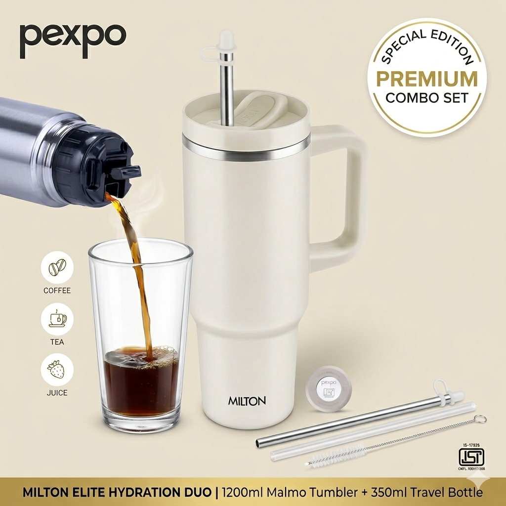 Milton Elite Hydration Combo Pack | 1200ML Malmo Tumbler With Handle & 350ML Thermosteel Mini Bottle Gift Set