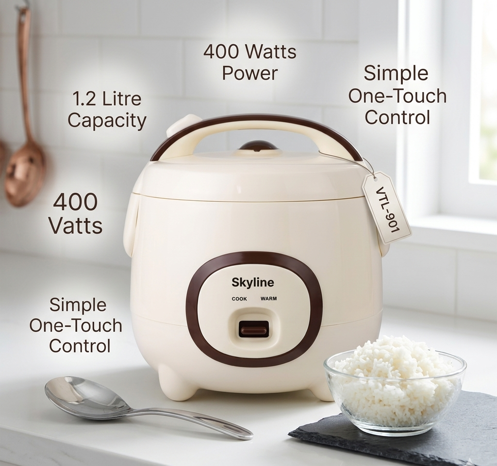 Skyline VTL-901 Electric Rice Cooker (1.2 Litre, 400 Watts) | Detachable Aluminium Bowl & Automatic Warm Function