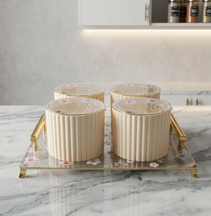 Nayasa Eternia 4-Piece Dry Fruit Set with Tray – Elegant Floral Storage Jars