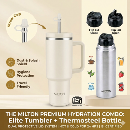 Milton Elite Hydration Combo Pack | 1200ML Malmo Tumbler With Handle & 350ML Thermosteel Mini Bottle Gift Set