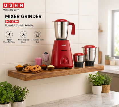 Usha MG3750 500W Mixer Grinder (Red) with 3 Stainless Steel Jars & 100% Pure Copper Motor