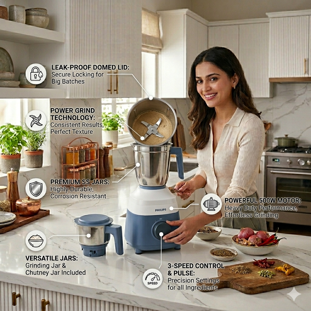 Philips Proton Mixer Grinder (500W, Blue) - 2 Stainless Steel Jars with Leak-Proof Lids