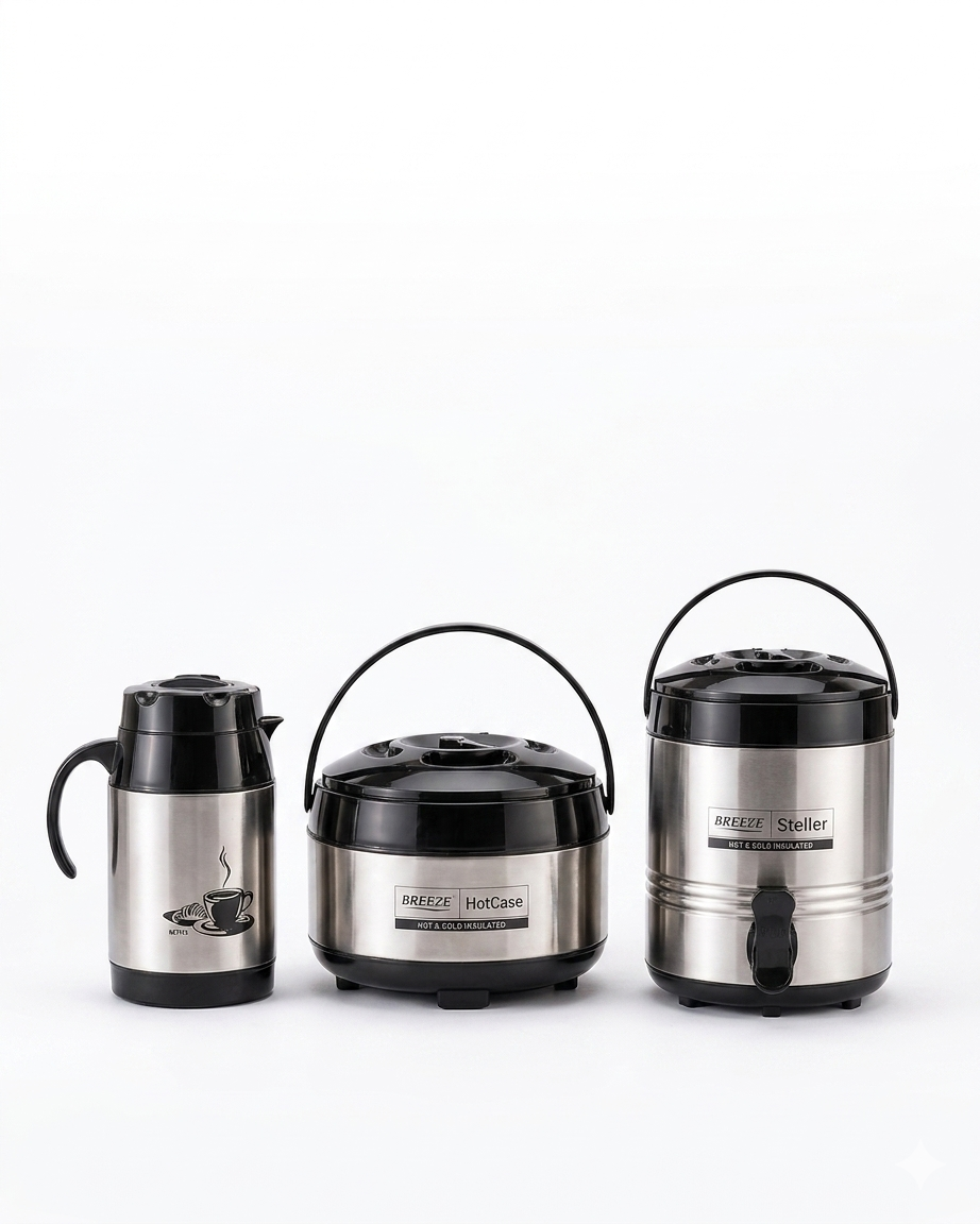 Breeze Real Deluxe Stainless Steel Combo Pack of 3 | Vacuum Insulated Hot & Cold Set (750ml Kettle, 2500ml HotCase, 8L Steller Water Dispenser)