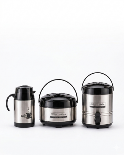 Breeze Real Deluxe Stainless Steel Combo Pack of 3 | Vacuum Insulated Hot & Cold Set (750ml Kettle, 2500ml HotCase, 8L Steller Water Dispenser)