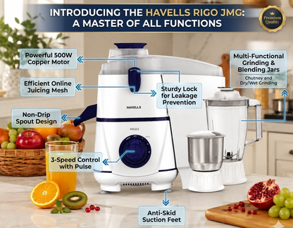 Havells Rigo Juicer Mixer Grinder (Limited Edition Pack) – Includes FREE 650ml Sipper Jar