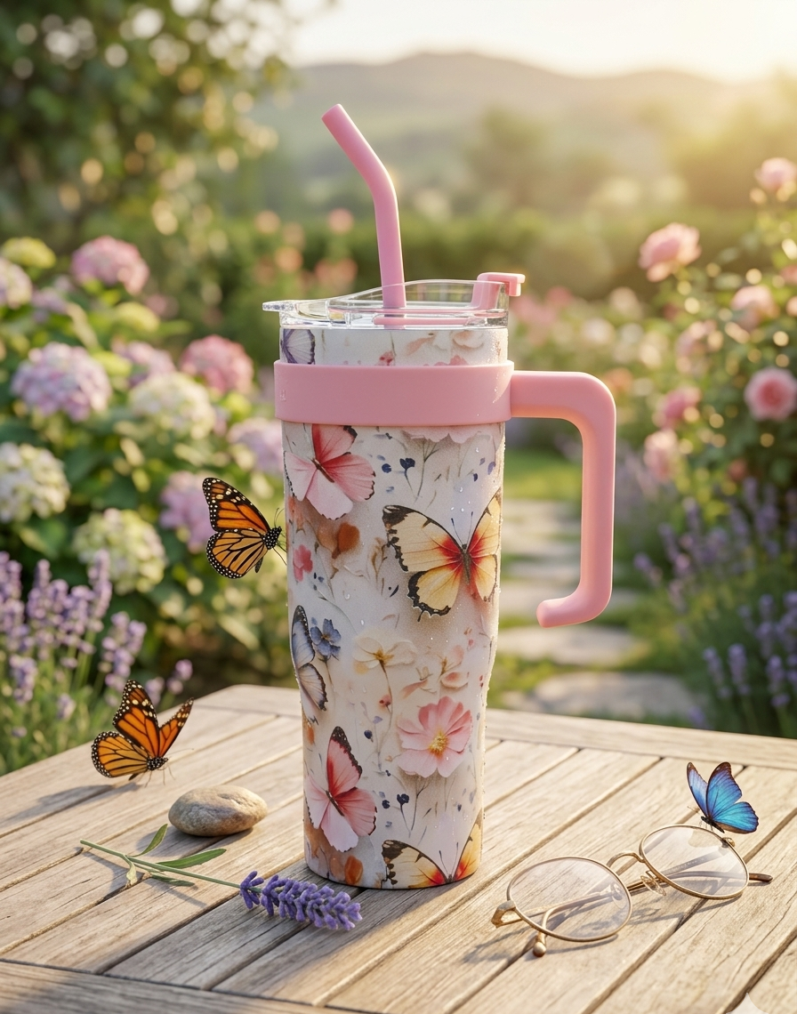 1200ml Floral Butterfly Stainless Steel Sipper Tumbler with Handle | Premium Insulated Travel Mug with Straw & Silicone Cap