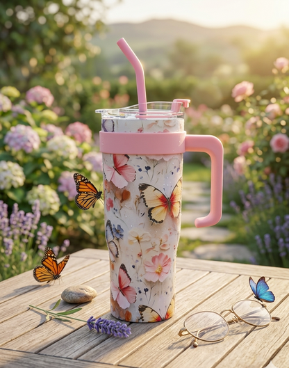 1200ml Floral Butterfly Stainless Steel Sipper Tumbler with Handle | Premium Insulated Travel Mug with Straw & Silicone Cap