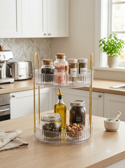 Acralic 2-Tier Revolving Kitchen & Makeup Organizer - Clear Acrylic Lazy Susan with Gold Finish Handles, Round Spinning Spice Rack, Perfume & Skincare Display