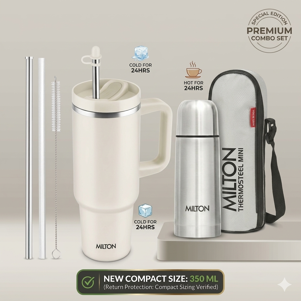 Milton Elite Hydration Combo Pack | 1200ML Malmo Tumbler With Handle & 350ML Thermosteel Mini Bottle Gift Set