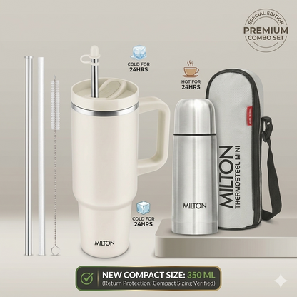 Milton Elite Hydration Combo Pack | 1200ML Malmo Tumbler With Handle & 350ML Thermosteel Mini Bottle Gift Set