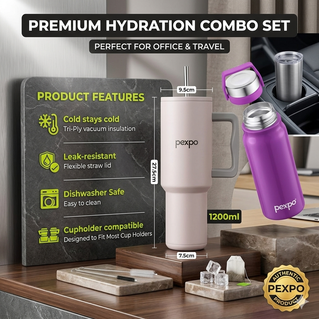 Pexpo Elite Hydration Duo | Stanzy Vacuum Tumbler (1200ml) + Pluto Stainless Steel Bottle (450ml)