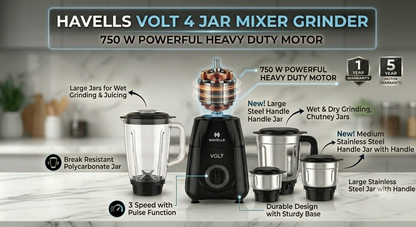 Havells Volt 750W Mixer Grinder with 4 Jars | Powerful Heavy-Duty Motor (Black)