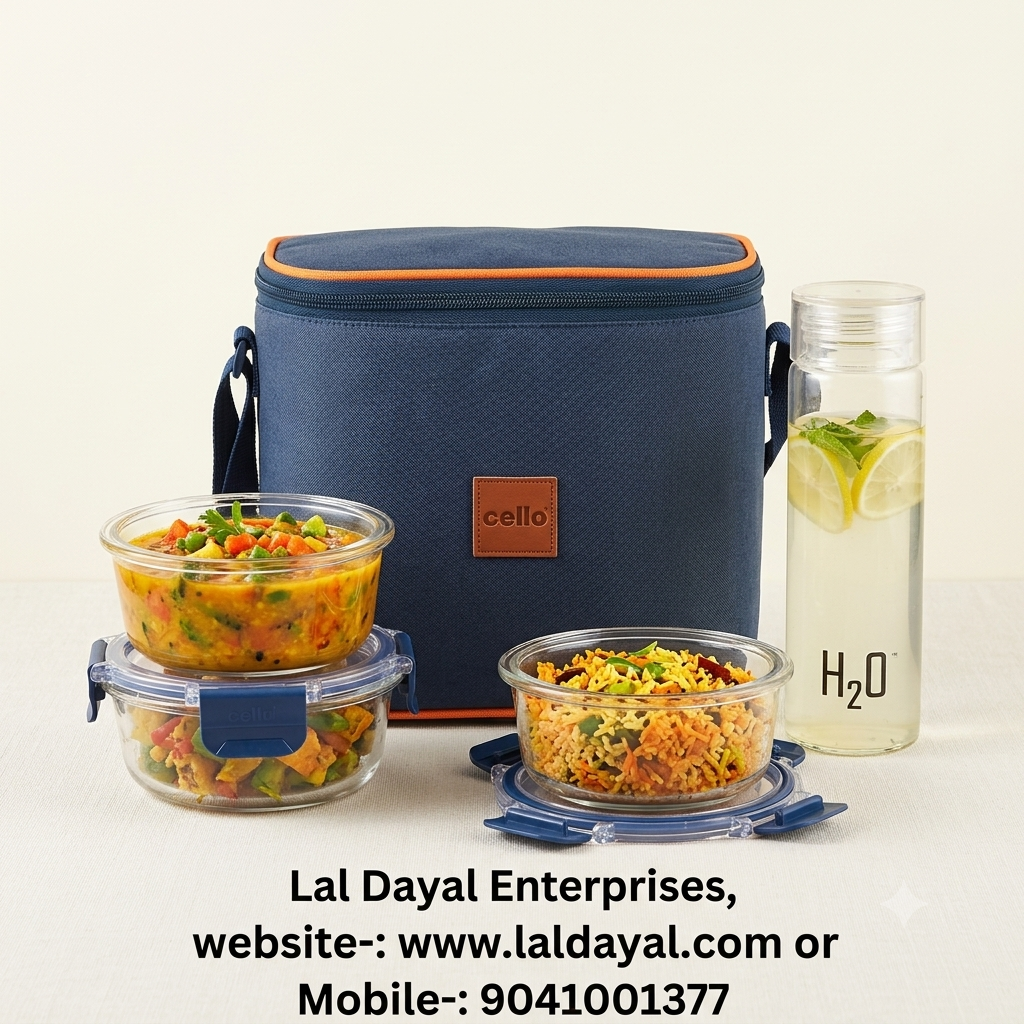 Cello Fit&Fresh Neo Glass Lunch Box Set – 3 Round Containers (400ml each) + H2O Bottle (500ml) with Insulated Bag