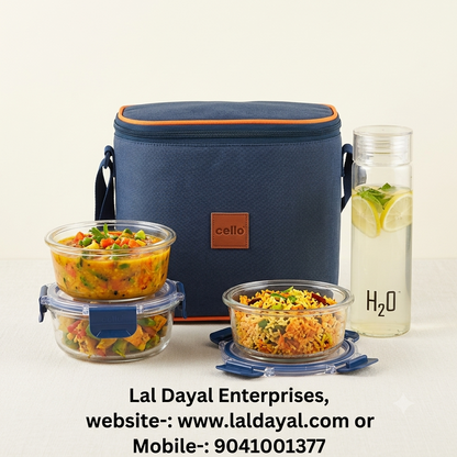 Cello Fit&Fresh Neo Glass Lunch Box Set – 3 Round Containers (400ml each) + H2O Bottle (500ml) with Insulated Bag