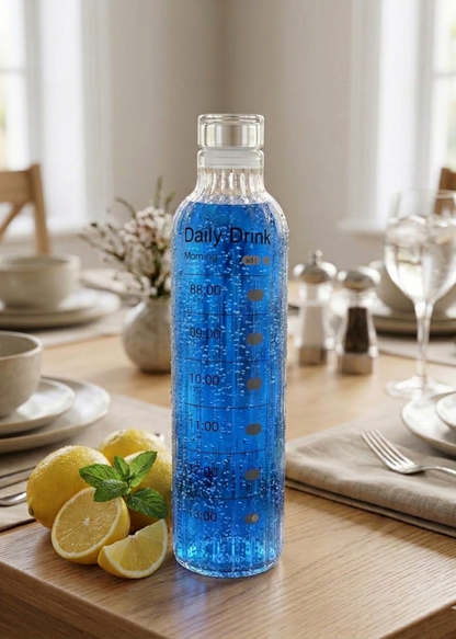 Premium Ribbed Glass Water Bottle with Hourly Time Markers | Clear Motivational Daily Drink Tracker