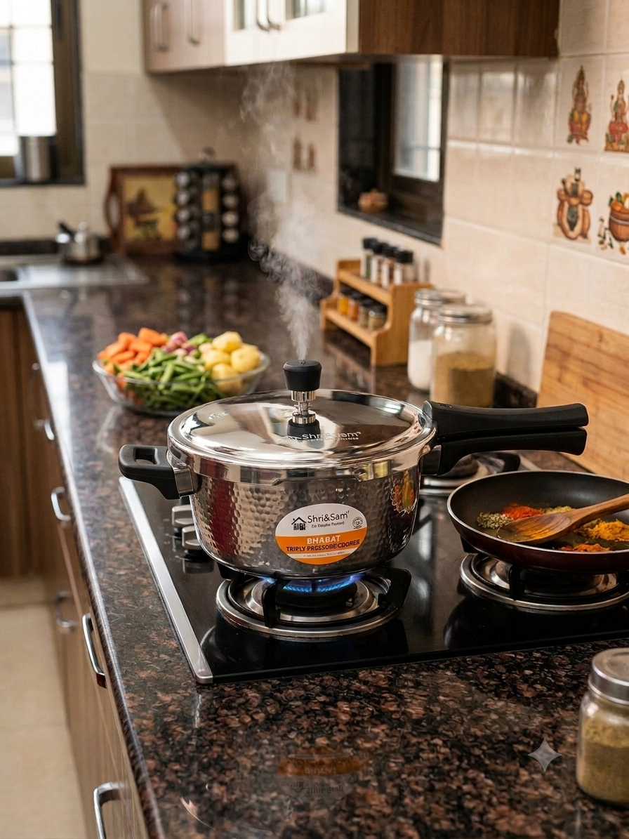 Shri & Sam Tri-Ply Stainless Steel 3L Outer Lid Hammered Pressure Cooker