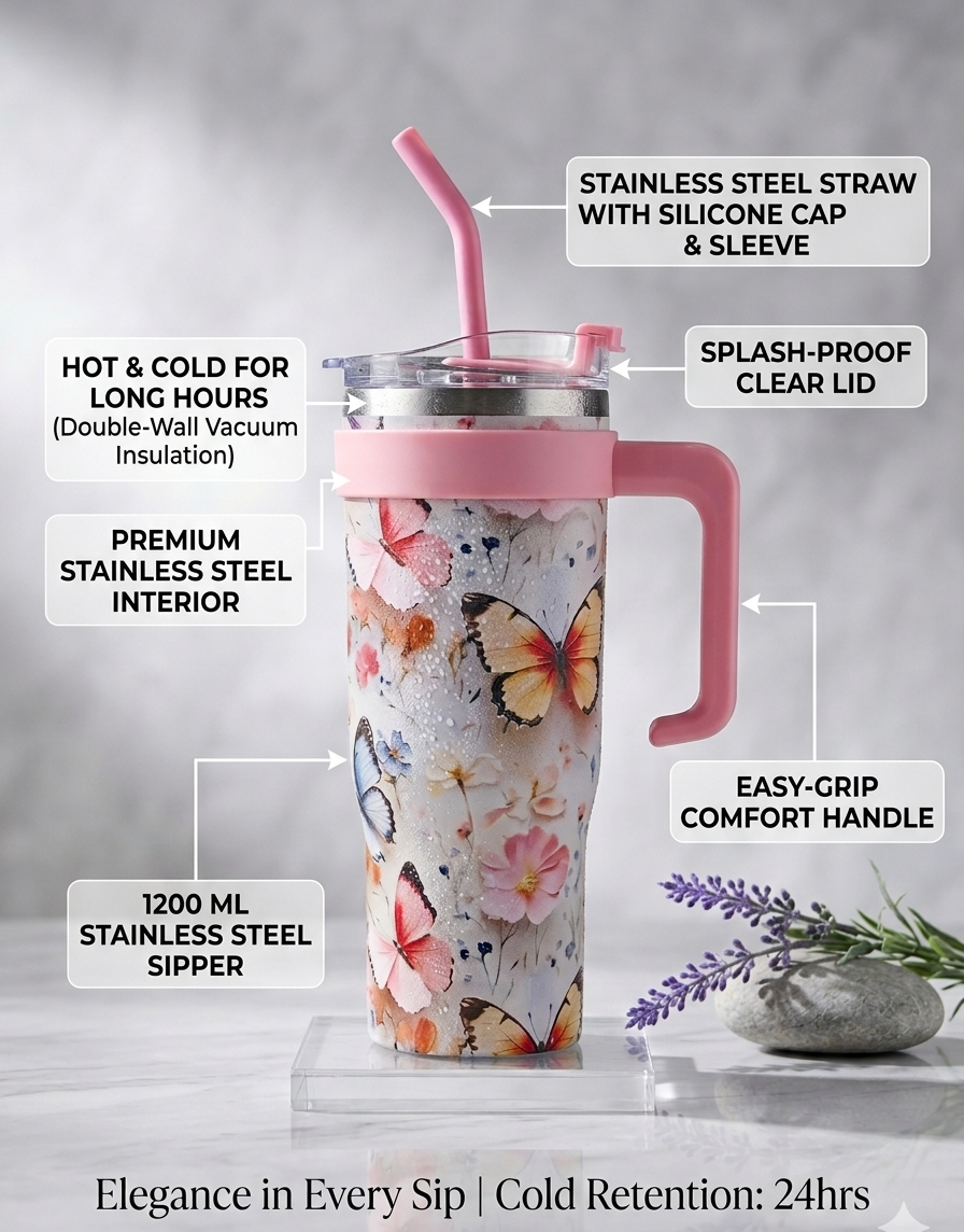1200ml Floral Butterfly Stainless Steel Sipper Tumbler with Handle | Premium Insulated Travel Mug with Straw & Silicone Cap
