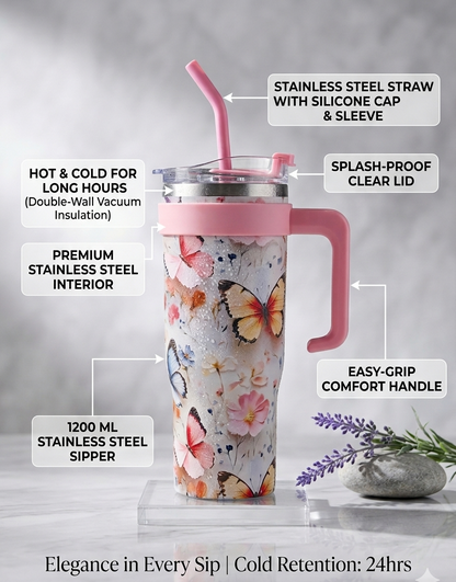 1200ml Floral Butterfly Stainless Steel Sipper Tumbler with Handle | Premium Insulated Travel Mug with Straw & Silicone Cap