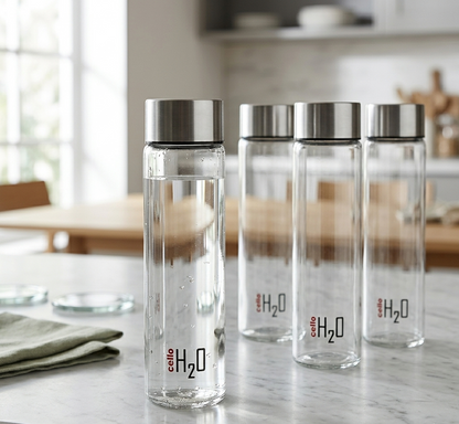 Cello H2O Premium Clear Glass Water Bottle Set with Airtight Stainless Steel Cap | 920 ML | Pack of 4