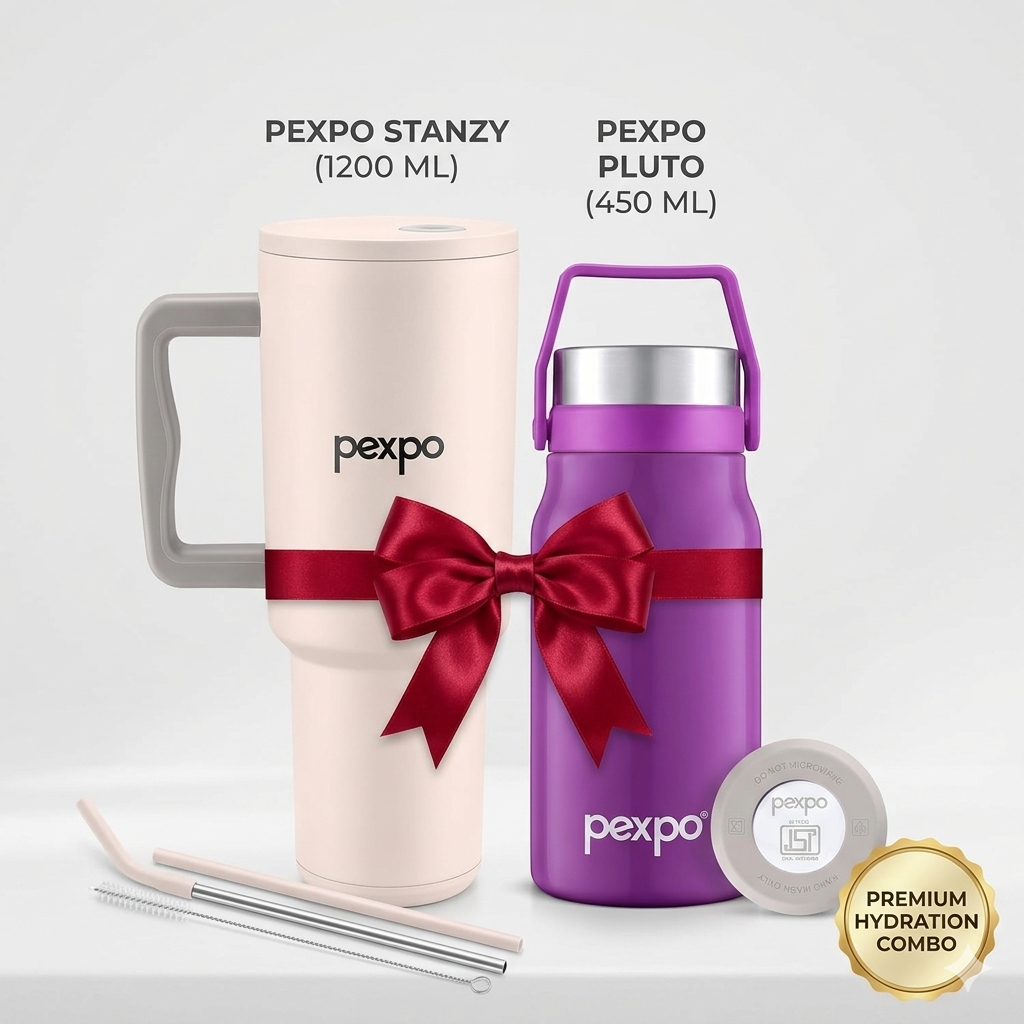 Pexpo Elite Hydration Duo | Stanzy Vacuum Tumbler (1200ml) + Pluto Stainless Steel Bottle (450ml)