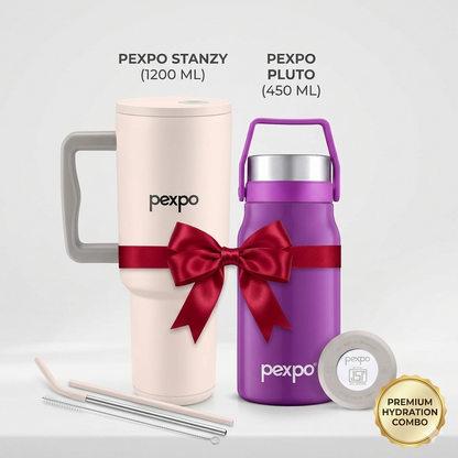Pexpo Elite Hydration Duo | Stanzy Vacuum Tumbler (1200ml) + Pluto Stainless Steel Bottle (450ml)